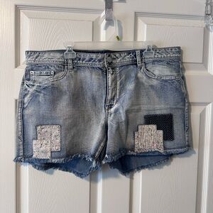American Rag Blue Distressed Jean Shorts with Lace Accents